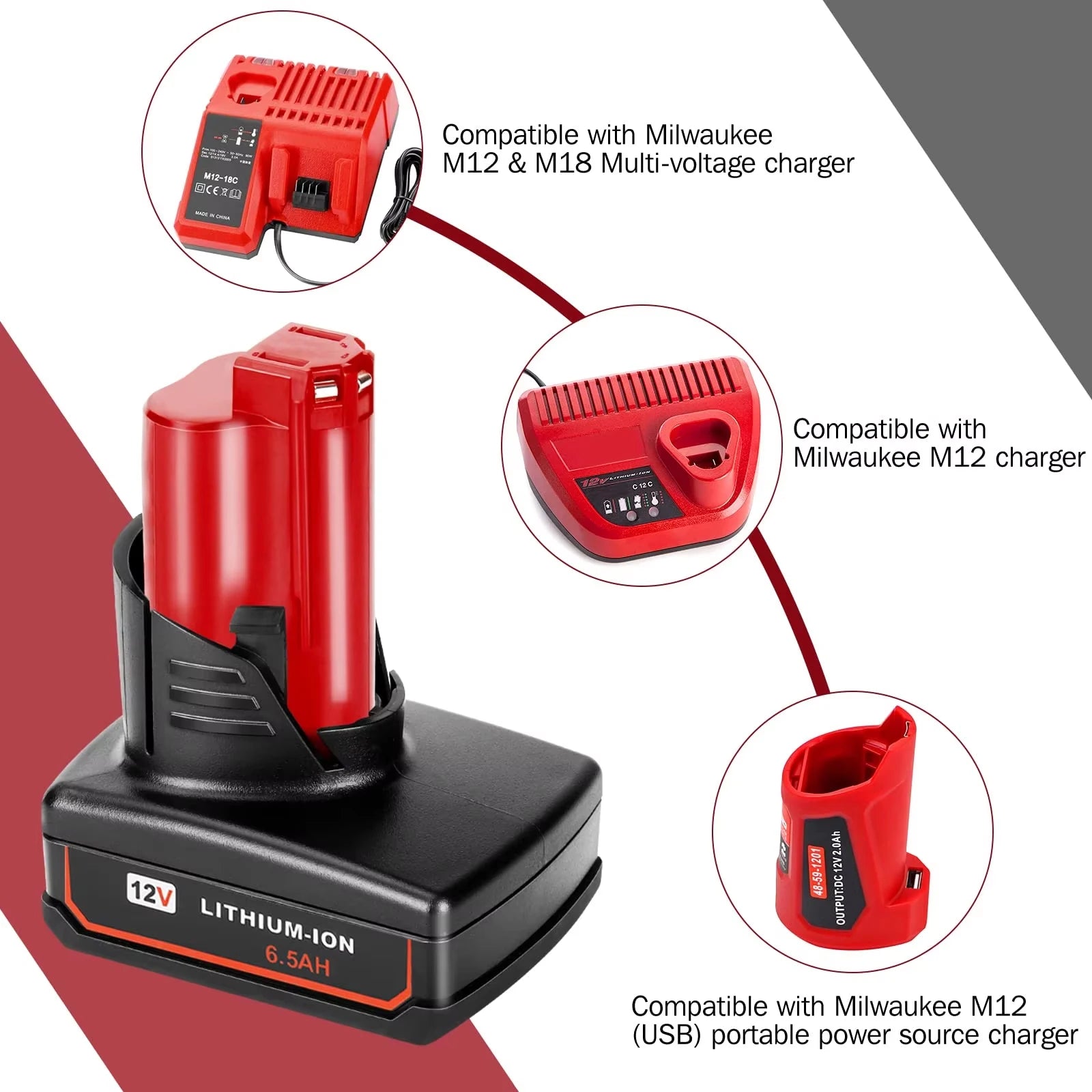 KUNLUN For Milwaukee 12V Tool Battery For Milwaukee M12 6500mAh Lithium Battery Impact Wrench Drill Power Tools Battery