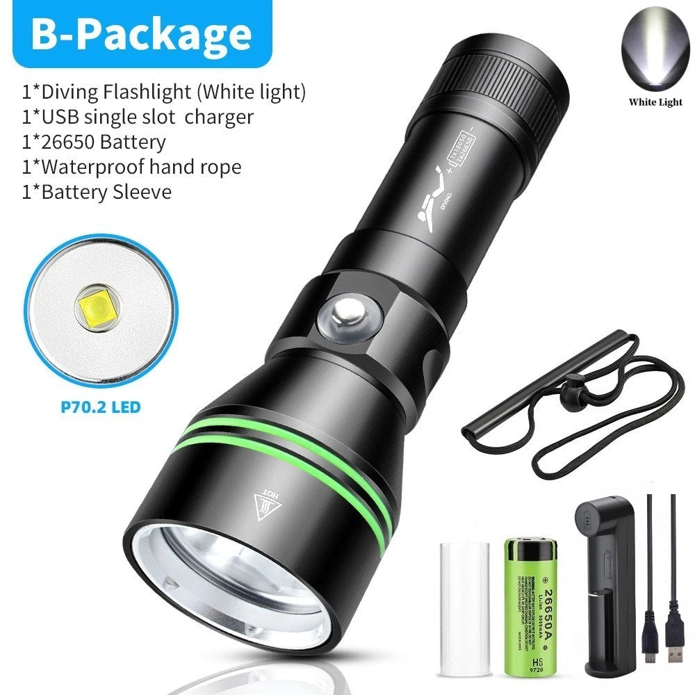 Super Bright XHP70 LED Scuba Diving Flashlight Underwater Dive Torch IPX8 Waterproof Night Diving Emergency Lantern