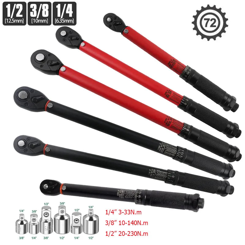 72T Torque Wrench 1/2'' 3/8'' 1/4'' Square Drive Preset Bicycle Torques Key Two-way Ratchet Car Bike Automotive Hand Tools