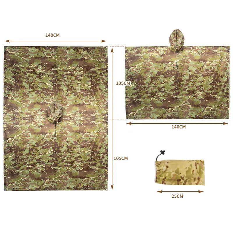 Outdoor Breathable Camouflage Poncho Jungle Tactical Raincoat Birdwatching Hiking Hunting Ghillie Suit Travel Rain Gear
