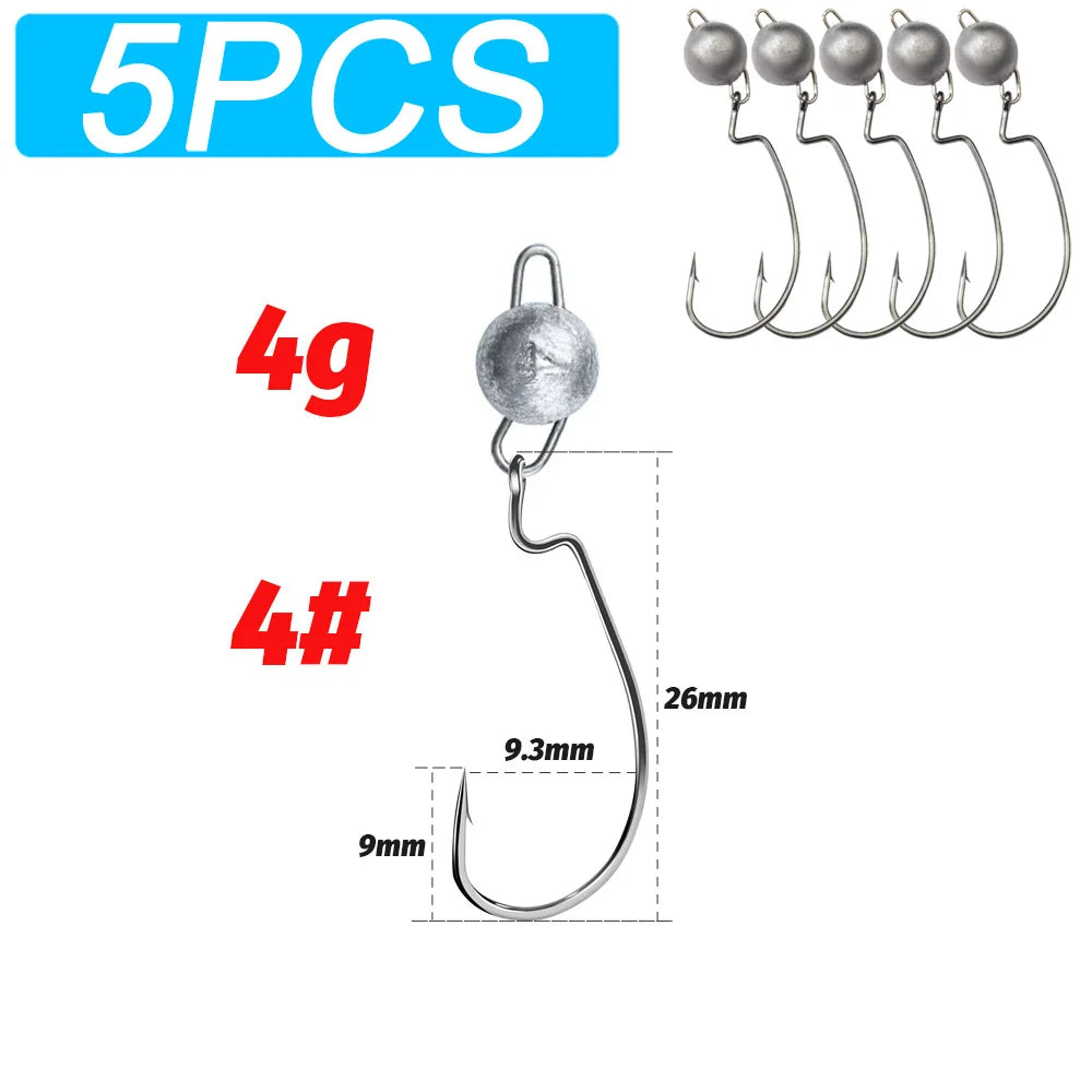 5Pcs Metal Jig Head Worm Hooks 2g 10g 18g Weight Crank Gear Sinker Pesca Weedless Offset Texas Rig Fishing Tackle Kit Fishhook