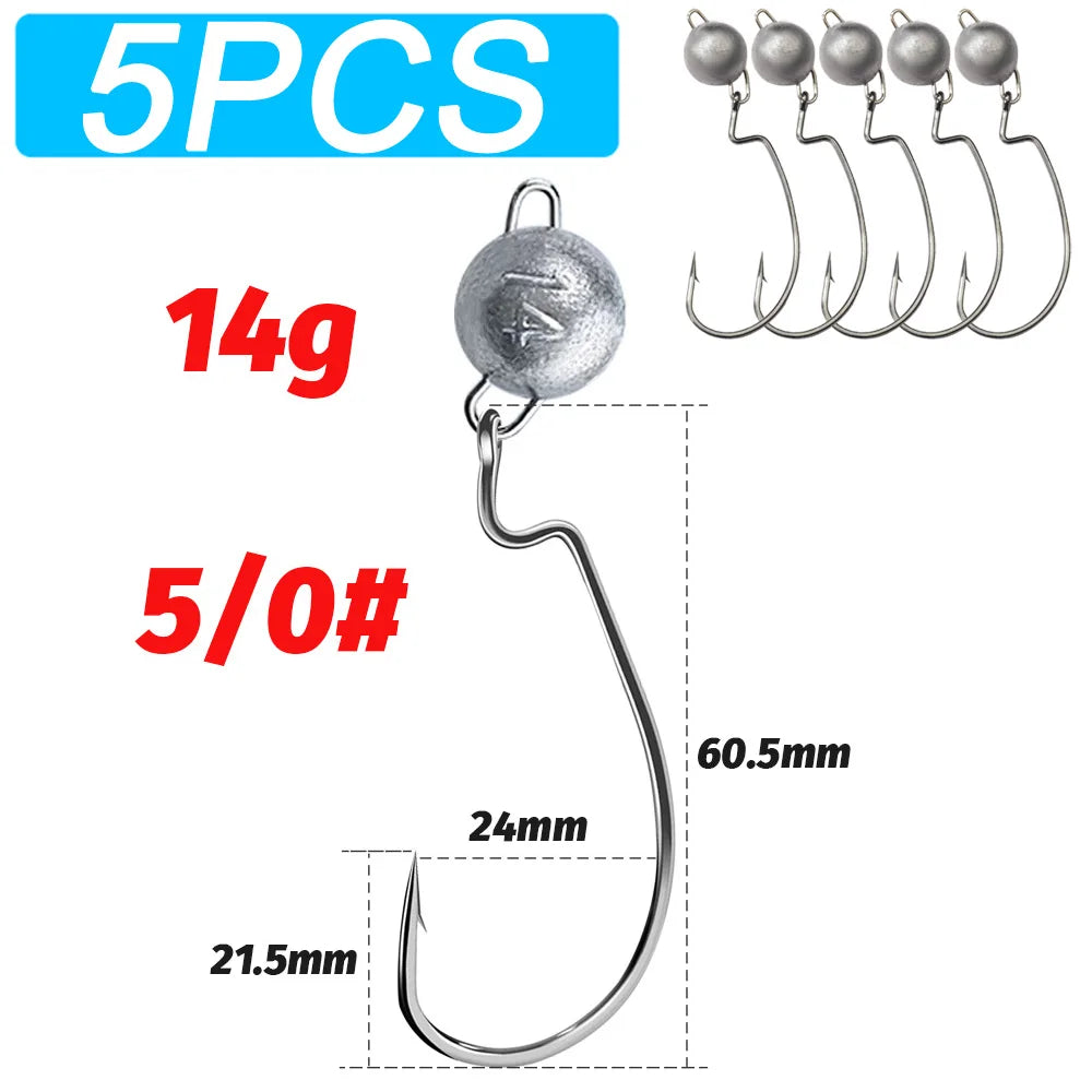 5Pcs Metal Jig Head Worm Hooks 2g 10g 18g Weight Crank Gear Sinker Pesca Weedless Offset Texas Rig Fishing Tackle Kit Fishhook