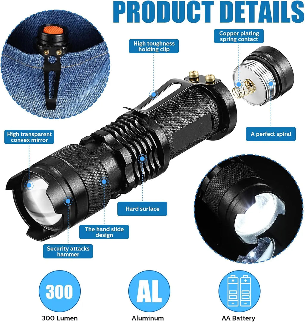 20-Piece LED Flashlight Set, 3 Modes, Water Resistant, Adjustable Focus for Indoor Outdoor Hiking (Black)