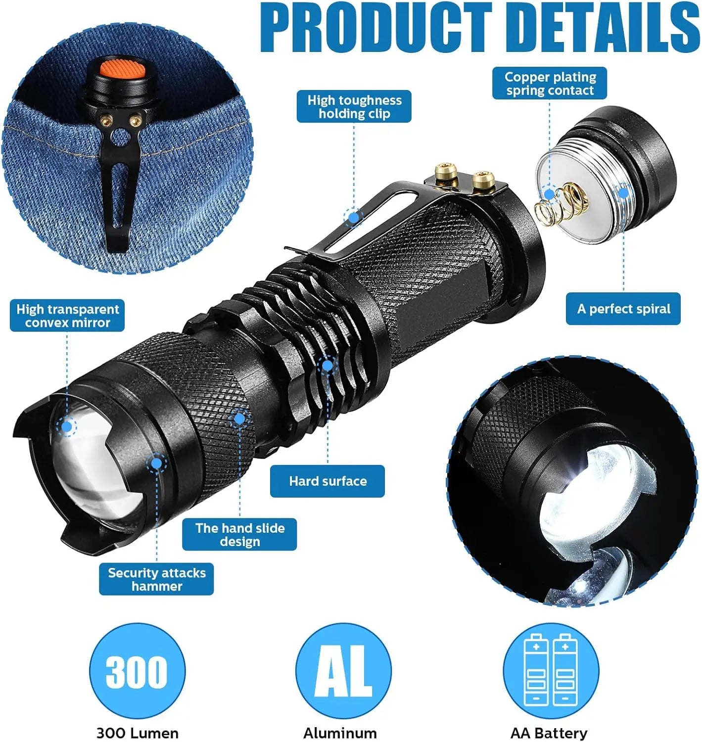 20-Piece LED Flashlight Set, 3 Modes, Water Resistant, Adjustable Focus for Indoor Outdoor Hiking (Black)