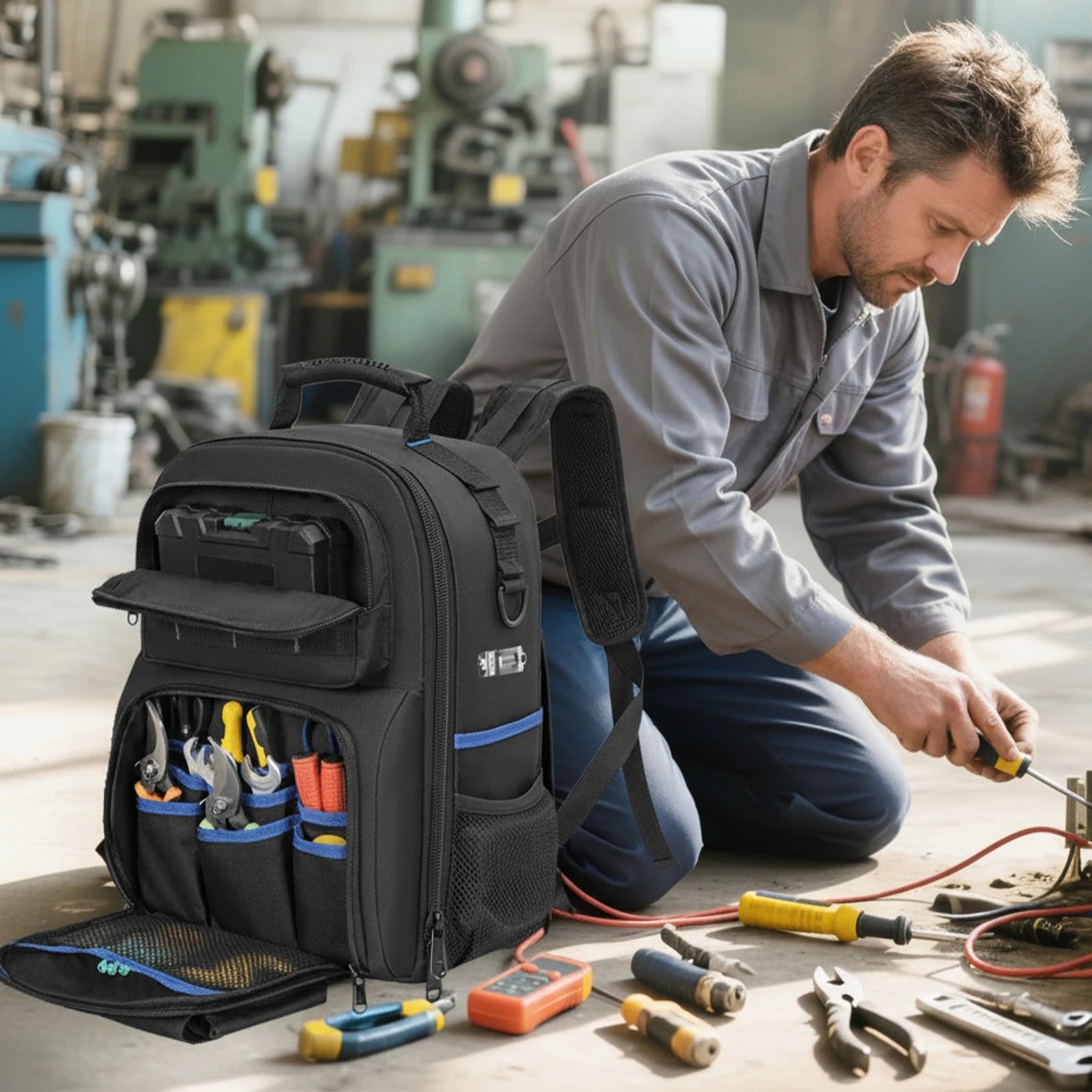 Backpack Tool Bag with Padded Back Support Heavy Duty Tool Kit Carrier Storage Bags for Electrician, Plumber, HVAC, Cable Repair