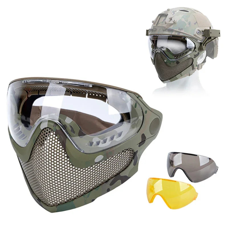 Tactical Face Mask Anti-Fog Goggle Paintball Airsoft Cs Shooting Steel Mesh Breathable Protective Head Helmet Masks Hunting Gear