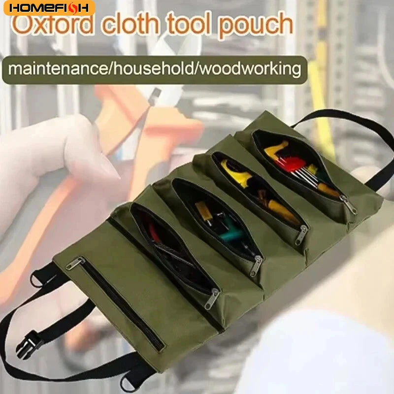 Heavy-Duty Roll-Up Tool Bag - Oxford Fabric Multi-Tool Organizer All-in-One Garage Storage for Mechanics/Electricians/Carpenters