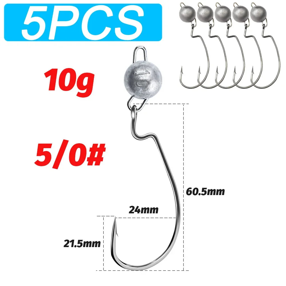5Pcs Metal Jig Head Worm Hooks 2g 10g 18g Weight Crank Gear Sinker Pesca Weedless Offset Texas Rig Fishing Tackle Kit Fishhook