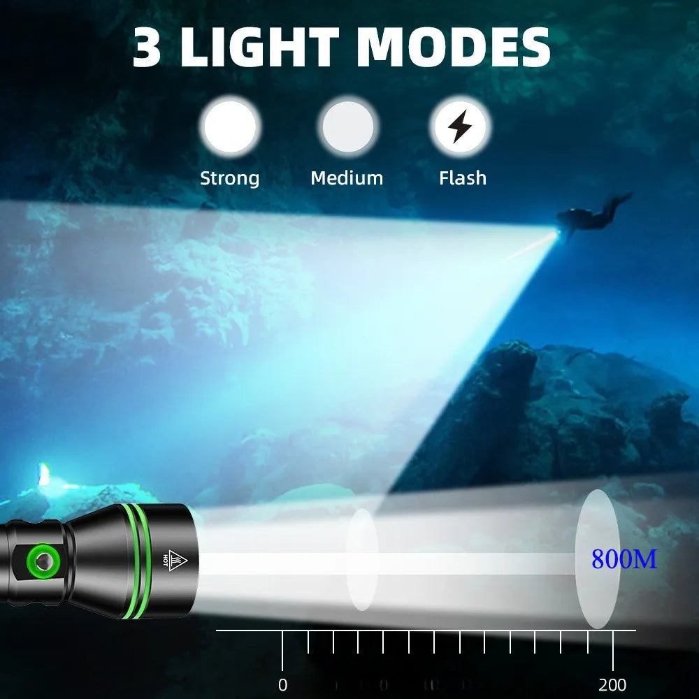 Super Bright XHP70 LED Scuba Diving Flashlight Underwater Dive Torch IPX8 Waterproof Night Diving Emergency Lantern